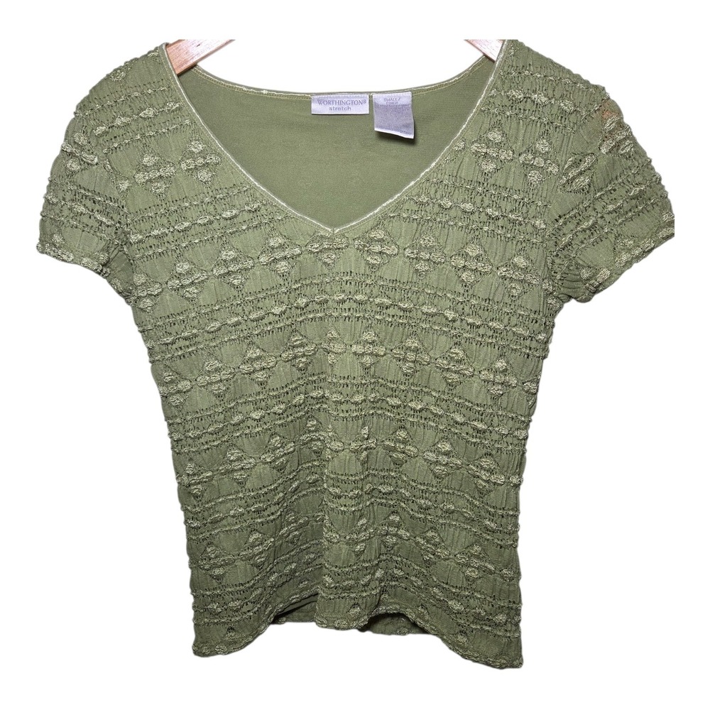 Sage Green Textured Lace Knit Top Women's Small V-Neck‎ Short Cottagecore Boho